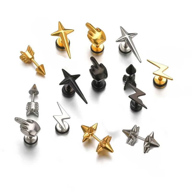 Punk Stainless Steel Earrings For Men Women Gothic Rockets Arrow Stud Earrings Finger Cool Prevent Allergy Gold Puncture Earring