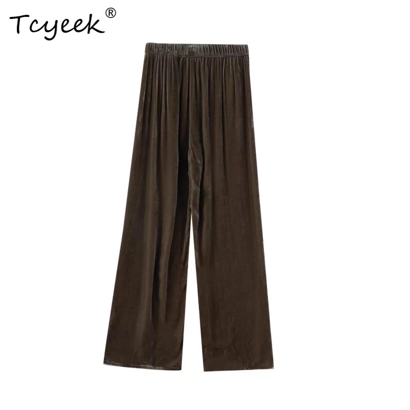 

Tcyeek 100% Mulberry Silk Spring Autumn Wide Pants Velvet High Waisted Straight Leg Long Women' S Pants Брюки Женские Летние