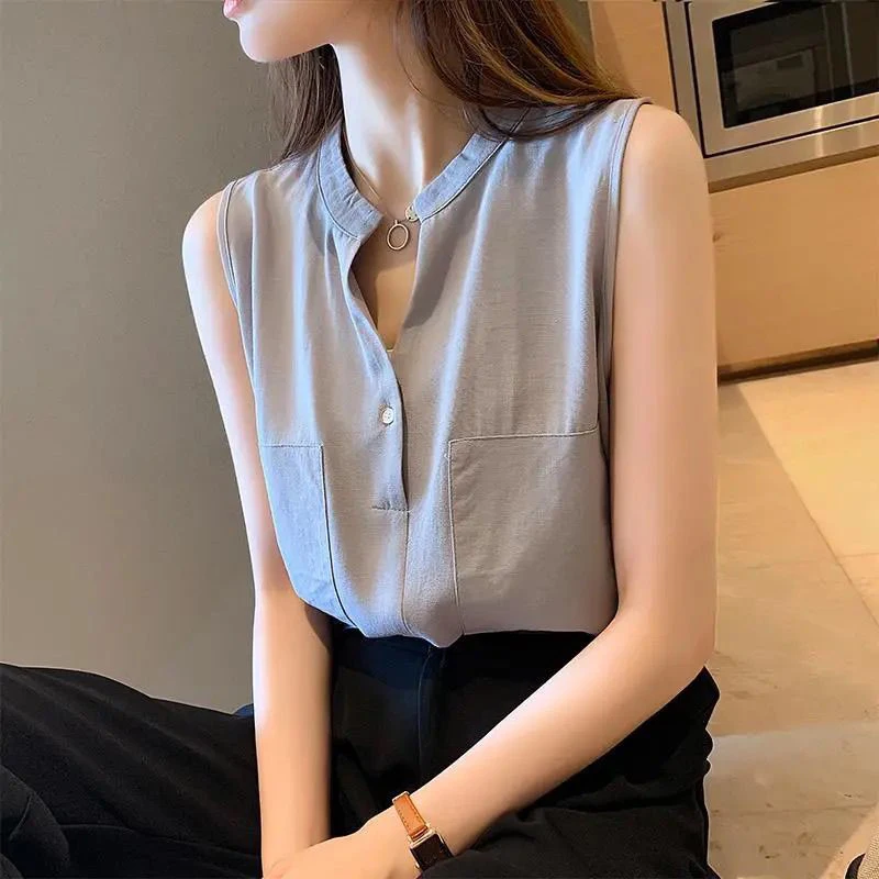 Versatile Western Style Women Summer Fashion Sleeveless Vest Shirt Korean Version Loose and Casual Intellectual Elegant Lady Top