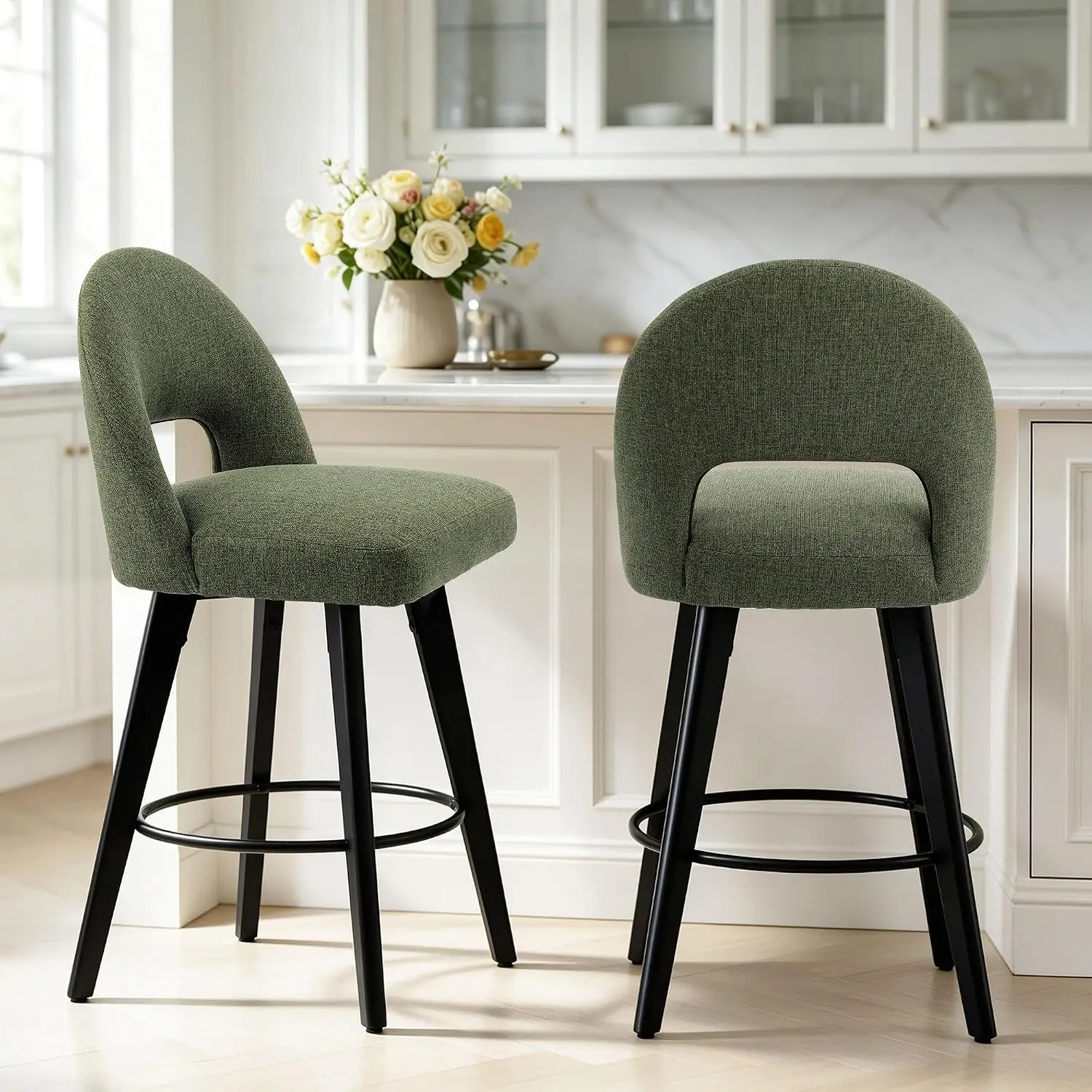 Set of 2 Swivel Counter Height Bar Stools, 26 Inch Green Linen Upholstered Chairs with Backrest and Wood Legs for Kitchen Island