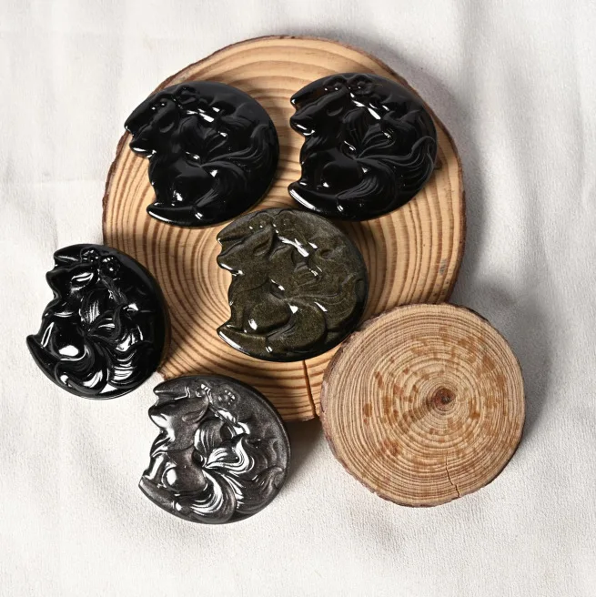 

Натуральный кристалл, необработанный камень, обсидиан, девятихвостая лиса, плоская резьба