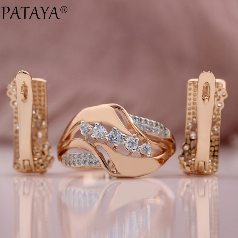 PATAYA New Micro-wax Inlay Natural Zircon Drop Earrings Ring Sets 585 Rose Gold Color Luxury Romatic Women Fashion Jewelry Set