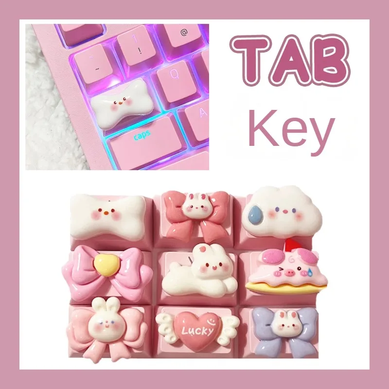 Cute TAB Keycaps Pink Rabbit Bow Mechanical Keyboard Keycaps Enter Supplementary Color Cloud Keycaps Keyboard Accessories Gift