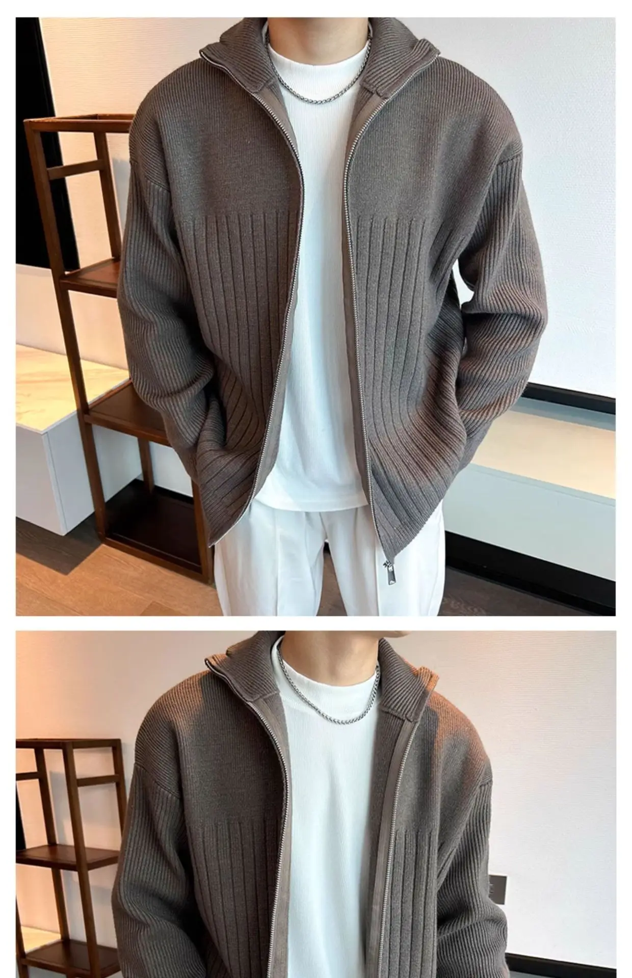 Herren Herbst Winter Gestreifter Cardigan Pullover Jungen Studenten Warme Jacke Herren Casual Pendlerjacke Weiche Bequeme Strickware – Detail 3