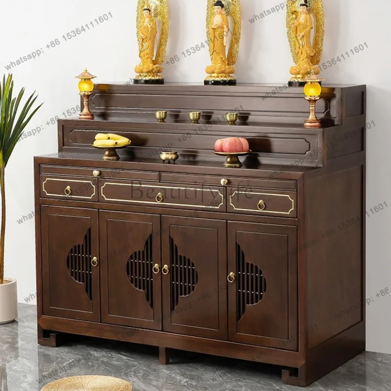 PG Solid Wood Bodhisattva Guan Gong Fairy Home with Cabinet Tibetan Three-Layer Modern Light Luxury Buddha Table