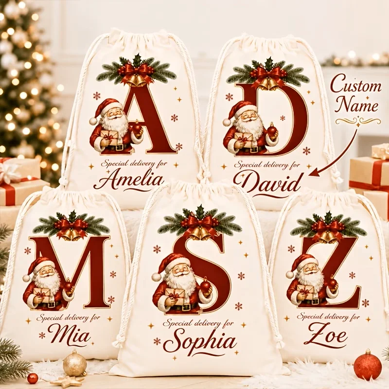 Personalized Initial and Name Christmas Canvas Gift Bag 26 Initials  Custom Large Santa Claus Patterned Cloth Bag Personalized