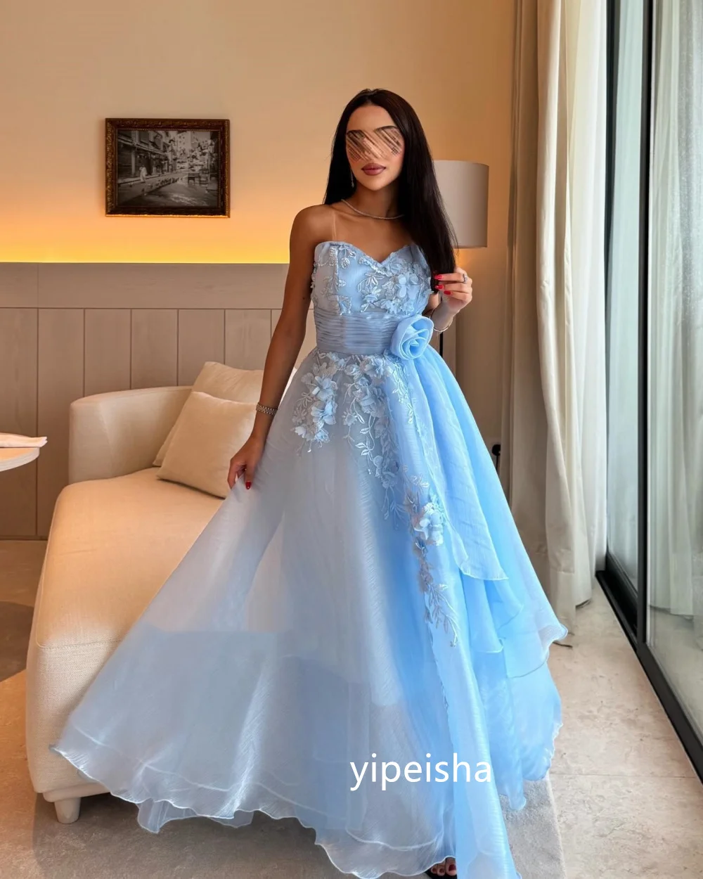 Customized Chinese Style Organza Flower A-line Sweetheart Midi Dresses  Prom Dresses Formal Casual Simple Retro Fashion High Qua