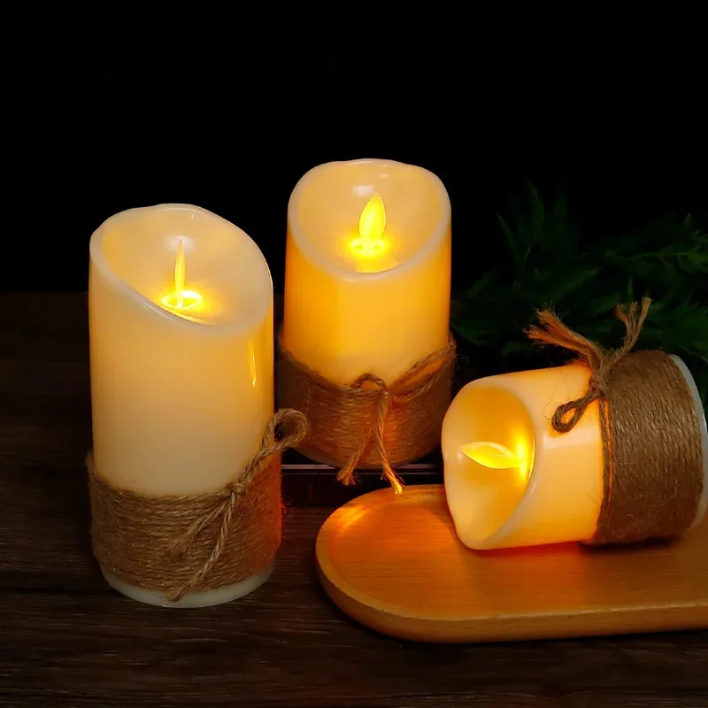 Handgemaakte henneptouw pijlerkaars – warm wit flikker, LED-sfeerlicht voor bruiloften, kerstfeesten en nachtlampje voor kinderen