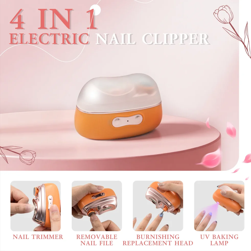 Portable 4-in-1 Electric Nail Clipper: Cut, Grind, Polish & UV Cure. Precise Blade, Detachable Grind Head, Nano Glass File.