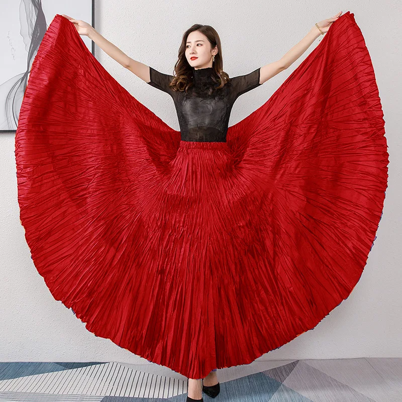 Miyake 여성용 큰 밑단 플리츠 중간 길이 스커트, 탄성 허리, 불규칙 스커트, 우아한 클로징 댄스 드레스, 단색