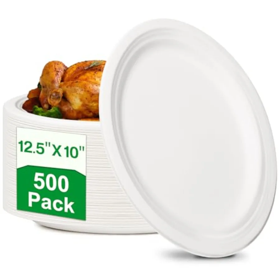 

100% Compostable Paper Plates, 500 Pack 10" x 12.5" Inch Paper Plates, Eco-Friendly Heavy Duty Disposable Plates for Picnics, D