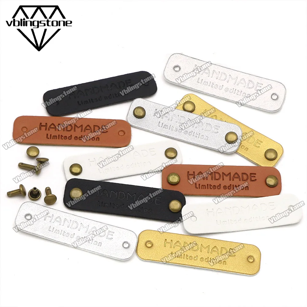 50 Stück handgefertigte PU-Leder-Etiketten in limitierter Auflage, handgefertigte Etiketten für Kleidung, Nähen, Etiketten, DIY-Geschenk, Metall-Doppelkappe, runde Niete – Detail 2