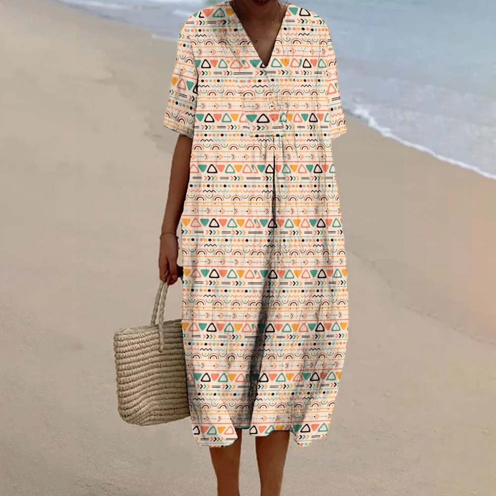 Beach-Ready Geometric Dress Mix & Match Long Skirt Geometric Beach Dress Casual Nature-Inspired Print Dresses Boho-Chic Outfit