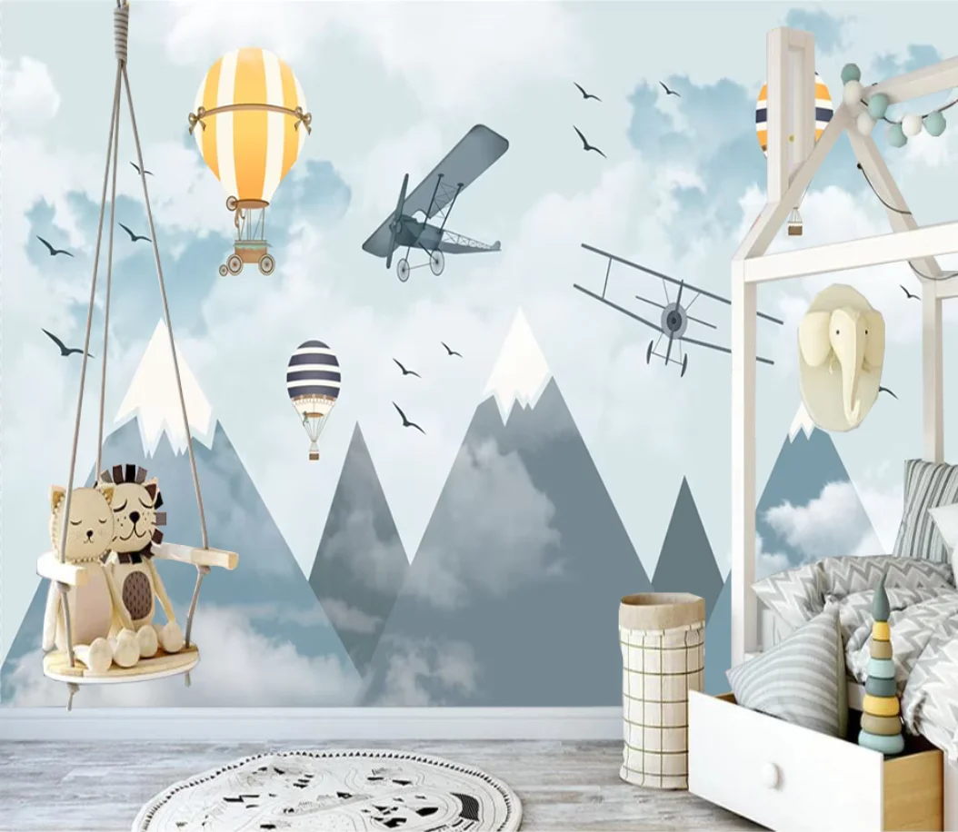 Customized size mural cartoon hot air balloon airplane pink blue wallpaper home decoration children's room hand drawn decoration