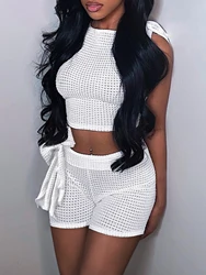 LW Mesh Bandage Design Shorts Set Women Summer 2pcs Solid Color Sleeveless Round Neck Daily Two Pieces Shorts Set Matching Suit