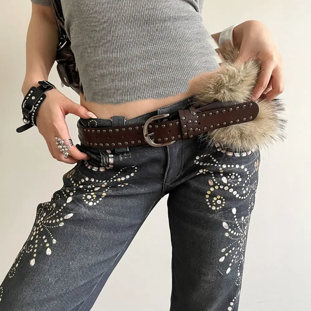 개성있는 리벳 가죽 퍼 벨트 웨스턴 스타일 인조 퍼 Y2K 허리띠 펑크 청바지 장식 플러시 벨트 스파이시 걸