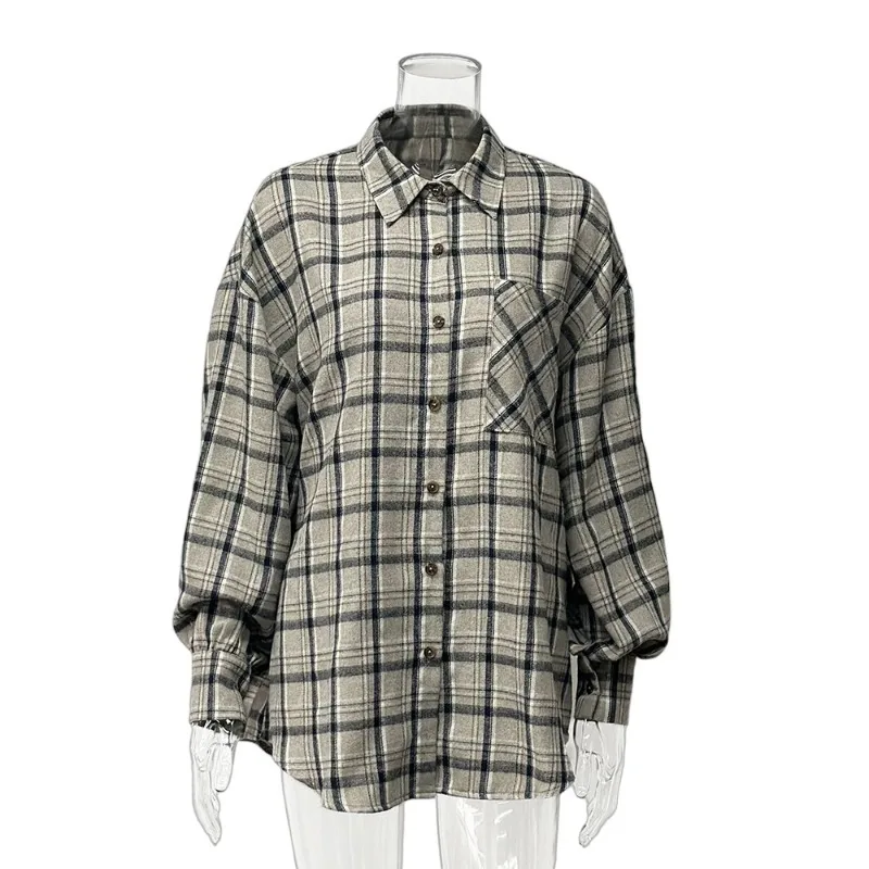 

Independent Station Europe and The United States Spring Autumn Retro Plaid Cardigan Top Loose Casual Fashion Long Sleeve Shirt