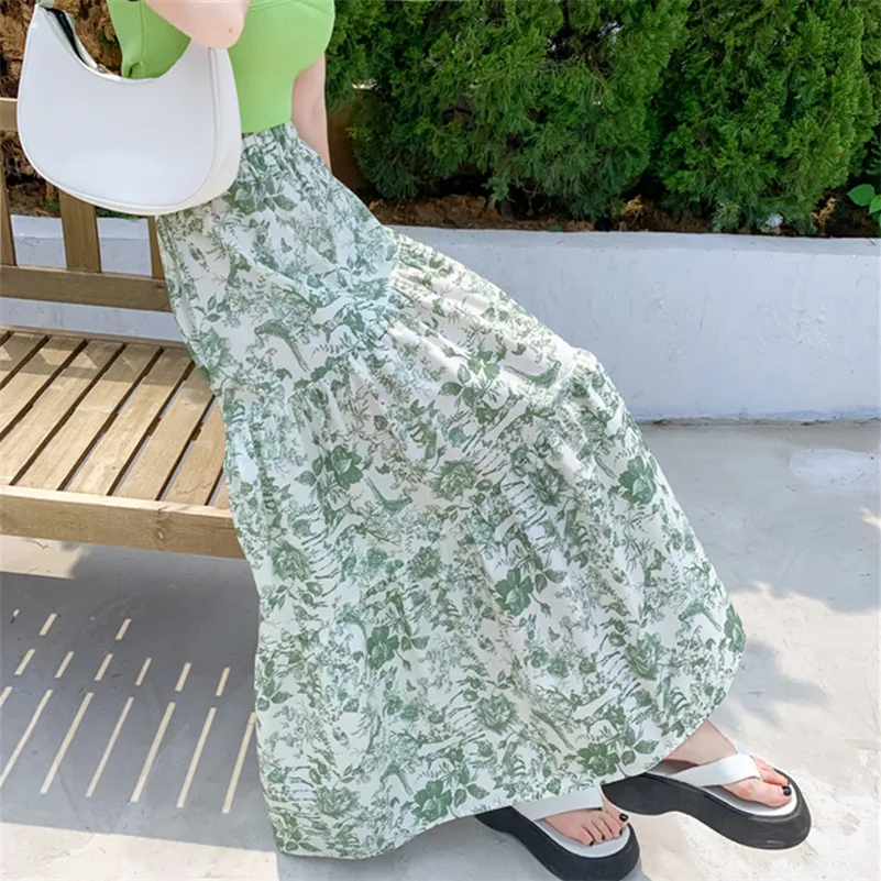 여름 코튼 A라인 스윗 프레시 그린 프린트 로터스 리프 사이드 드레스 템퍼먼트 하이 웨이스트 엘레강트 빈티지 페미닌 베스티도스