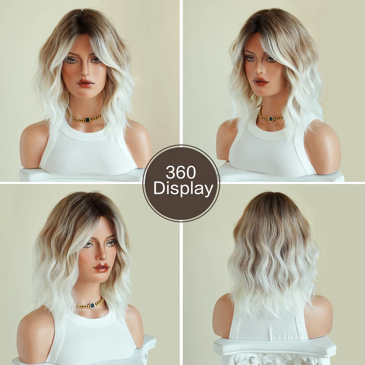 7JHH WIGS Short Water Wave Brown Ombre White Wig for Women Synthetic Modest Fashion Middle Part Brown Bob Wigs with Dark Roots - view 5