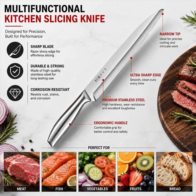 Professional Japanese Stainless Steel Slicing Knife for Home Use Salmon Sashimi Sharp Meat Chef Specialized Kitchen Knife