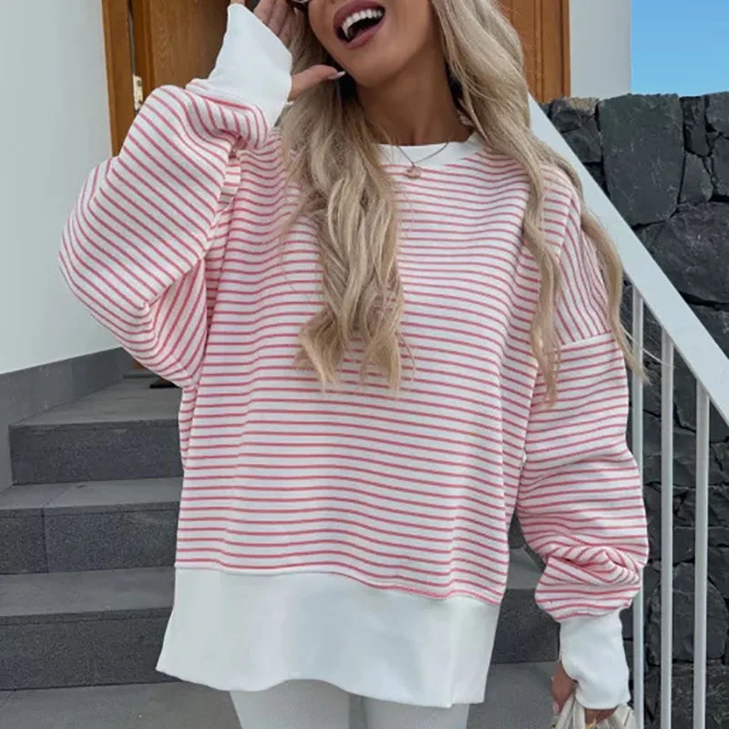 เสื้อสเวตเชิ้ตแขนยาวลายทางแฟชั่น ดีไซน์เก๋ คอทรงโอ ทรงหลวม สไตล์ลำลอง เหมาะสำหรับใส่ทำงานหรือเล่นกีฬา เสื้อผู้หญิงใหม่เรียบง่าย สไตล์พูลโอเวอร์ สำหรับฤดูใบไม้ร่วง