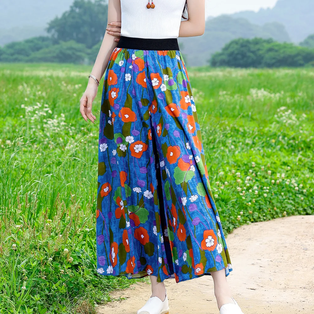 Summer Women Pants Wide Leg Pants Ankle-length Trousers Print Elastic Waist Loose Casual Pockets Pleated Mid Broadcloth