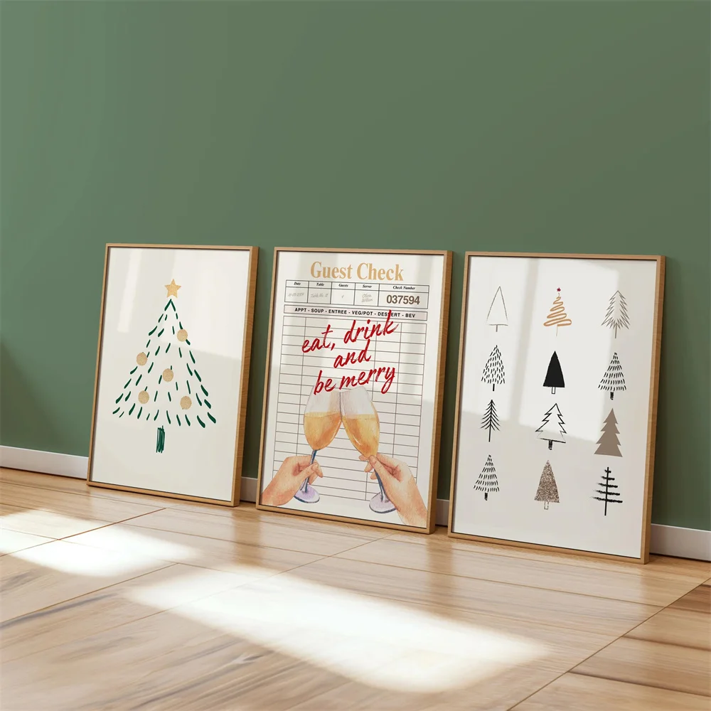 3PCS Large-sized frameless canvas paintings,Set of 3 Christmas Prints, Modern Christmas Wall Art, Guest Check Print, Holiday Dec