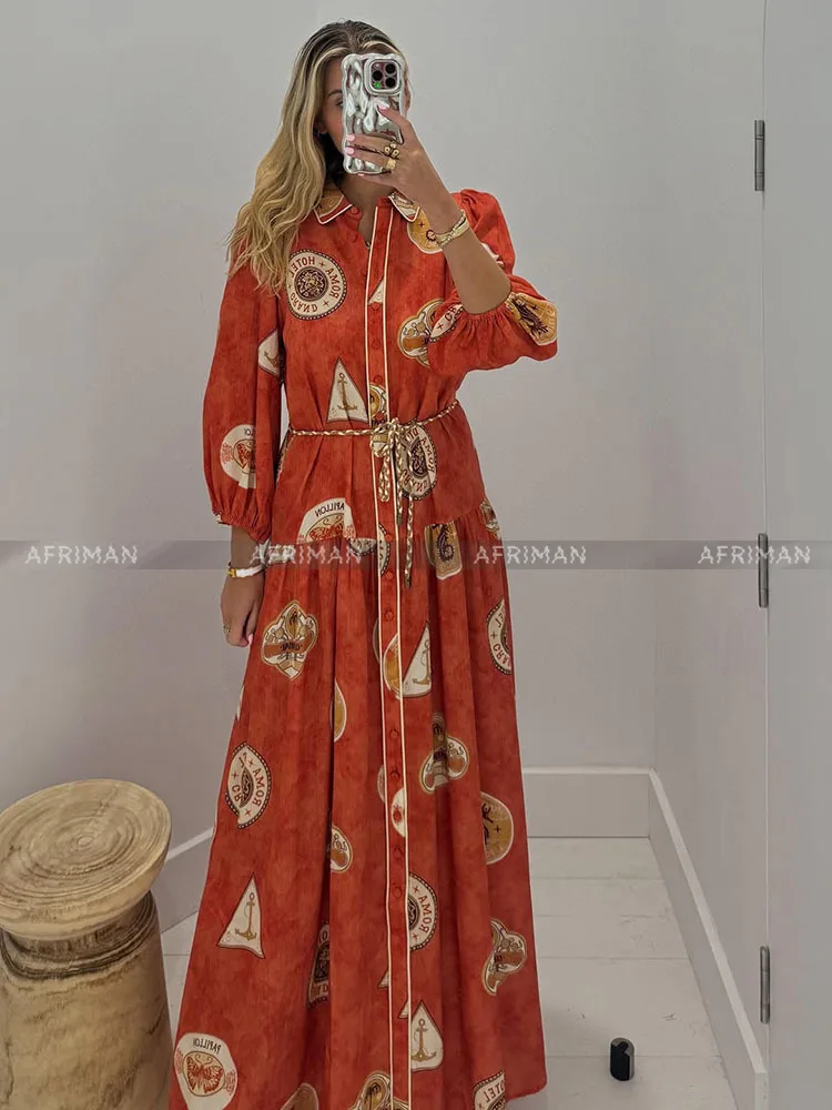 여성용 해마 프린트 폴로 칼라 랜턴 소매 100% 린넨 롱 셔츠 드레스