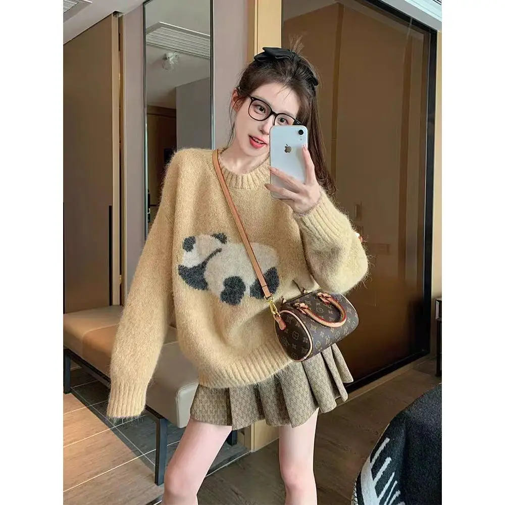 

Women's Thiened Soft Panda Hoodie Knitted Sweater Autumn Winter New Sle 2025 Faionable Lazy Sle Polyester Fiber 00%