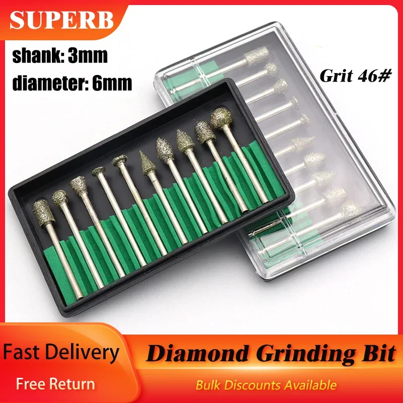 10Pcs Diamond Grinding Bits Set With 3mm Shank Polishing Head Abrasive Burrs Mounted Point Drill Grit 46 For Dremel Rotary Tools
