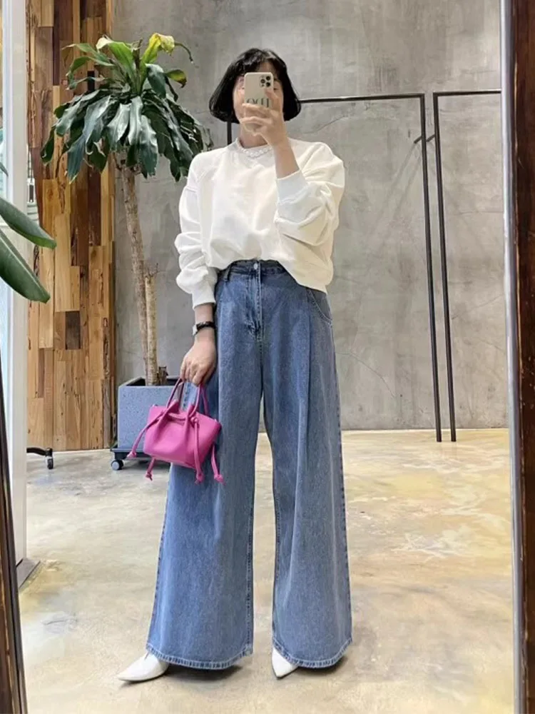 

Spring New Chic High Waist Straight Leg Wide Leg Jeans Women's Versatile Slimming Pleated Denim Trousers Blue Long Pants