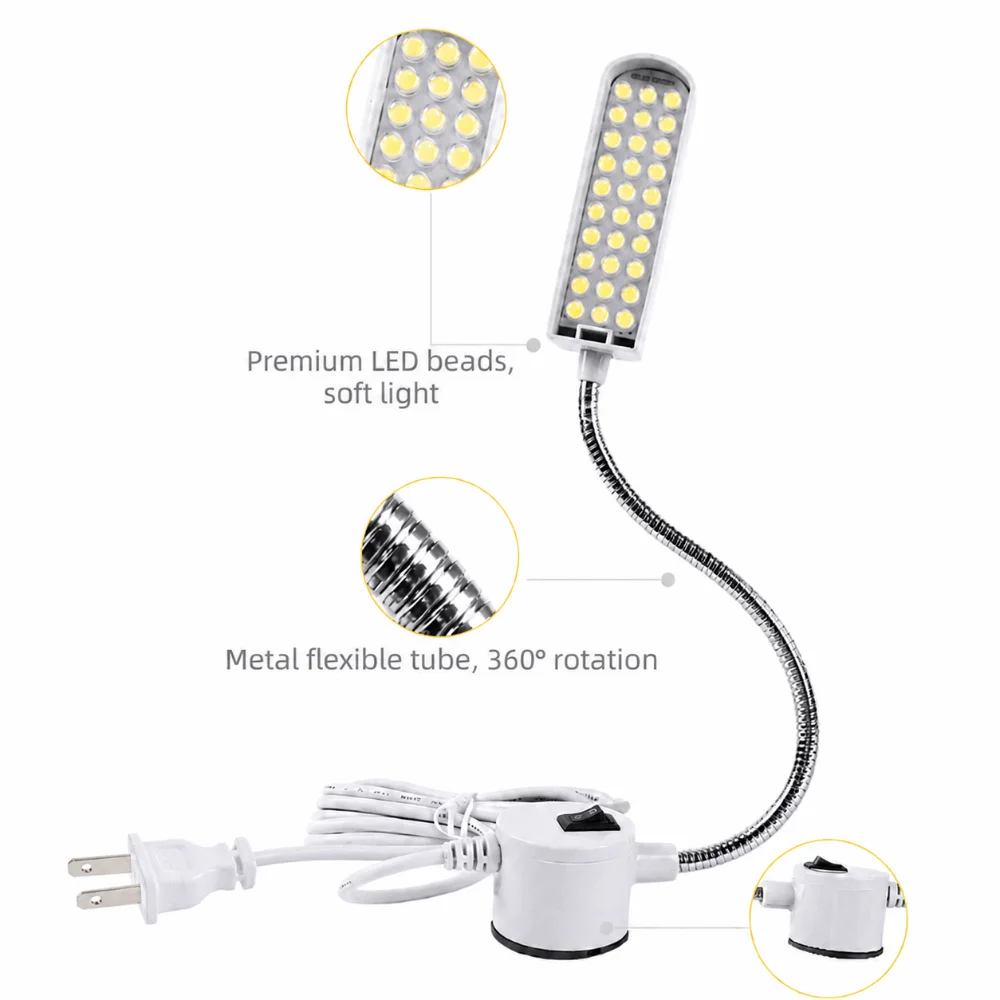 Bright 30 LED Sewing Machine Light 3W Magnetic Base Work Lamp White Light US Plug Sewing Light Garage