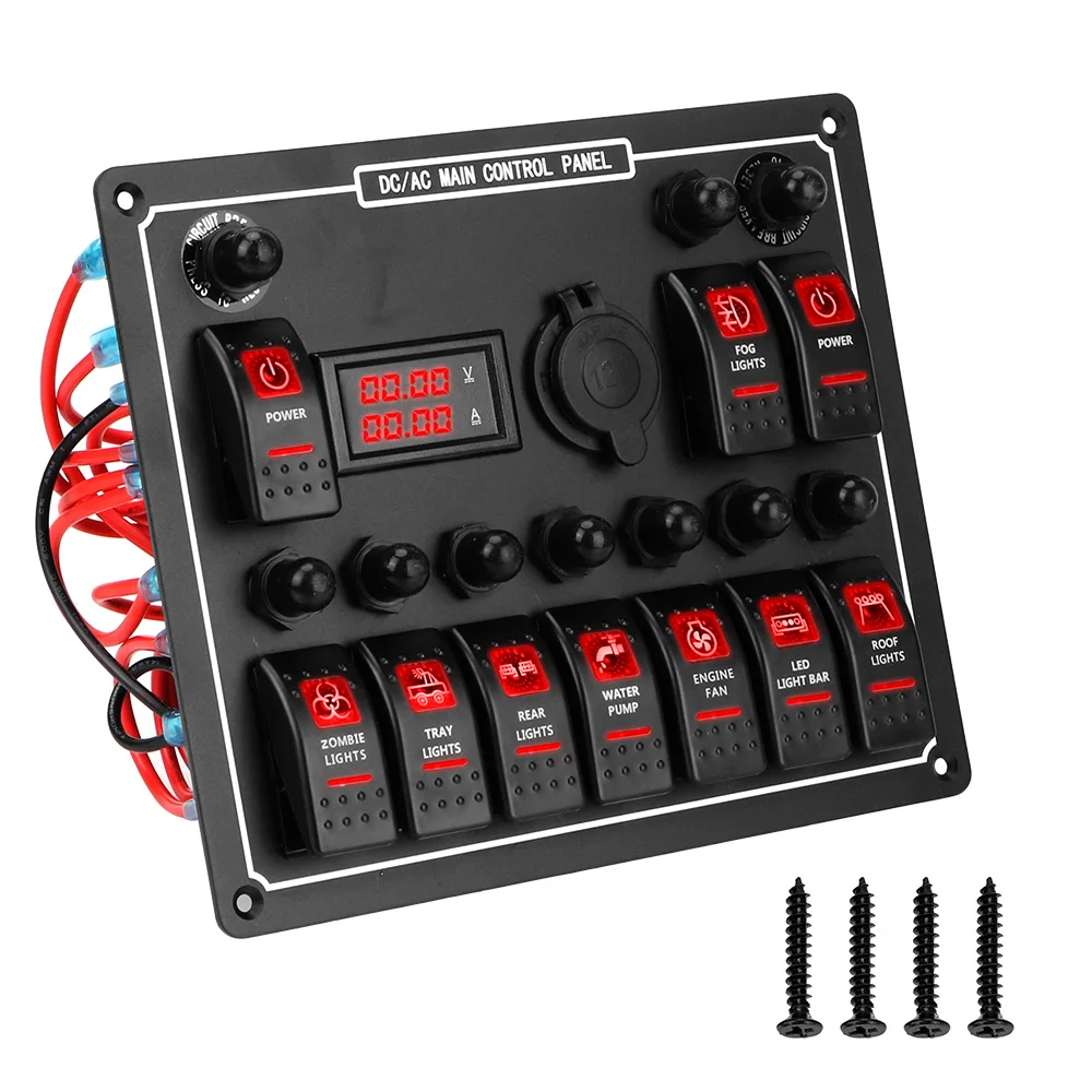 

Dual Power Control Waterproof 10 Gang 15A DC Output Overload Protection LED AC/DC Rocker Switch Panel Car Auto Marine