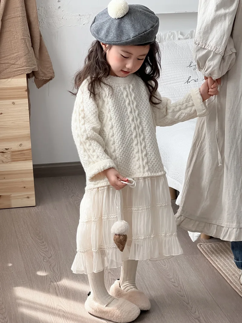 

2025 Winter New Girls Sweater Splicing Gauze Dress Children Long Sleeve Knitted Dress Baby Casual Princess Dress Kids Clothes