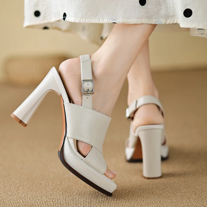 【JOCHEBED HU】Handmade Genuine Leather Summer One-button Thick Open Toe Sexy Professional High Heels Temperament Female Sandals