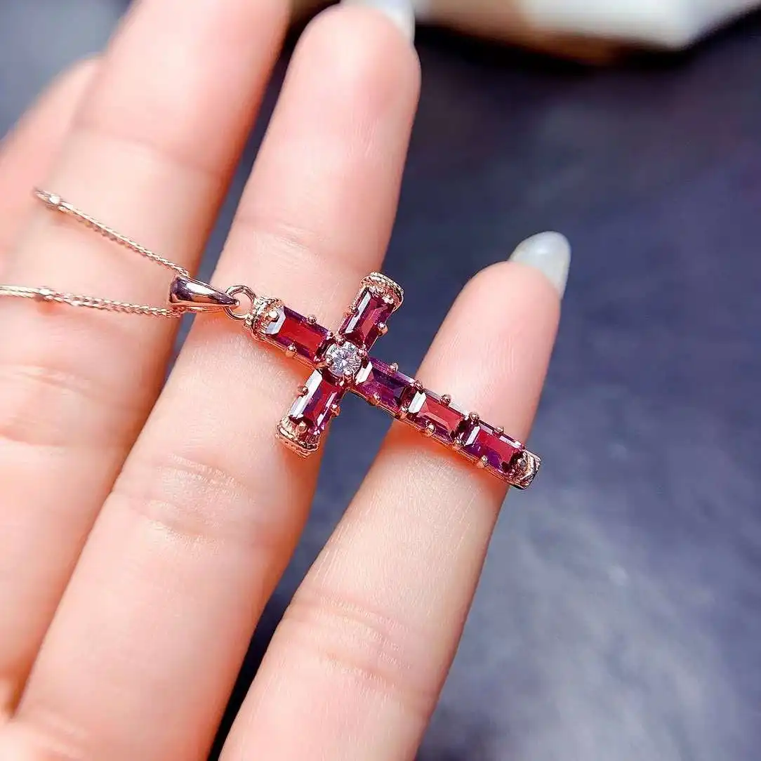 100% Natural and Real Garnet Pendant 925 Sterling Silver Cross pendant Fine Jewelry