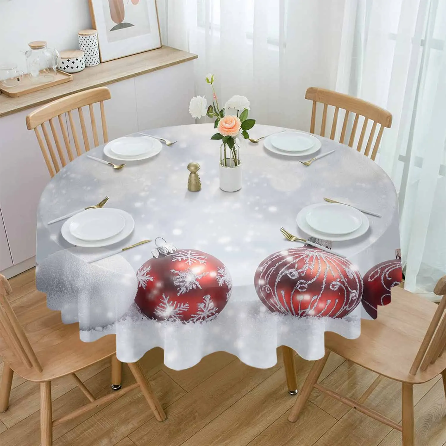 Christmas Snowball Waterproof Tablecloth Table Decoration Wedding Home Kitchen Dining Room Round Table