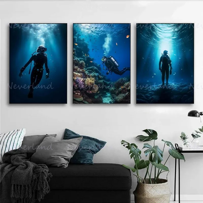 Deep Sea Underwater Fish Coral Reef Marine Organism Diver Poster Canvas Painting and Prints Wall Art Picture for Room Home Decor