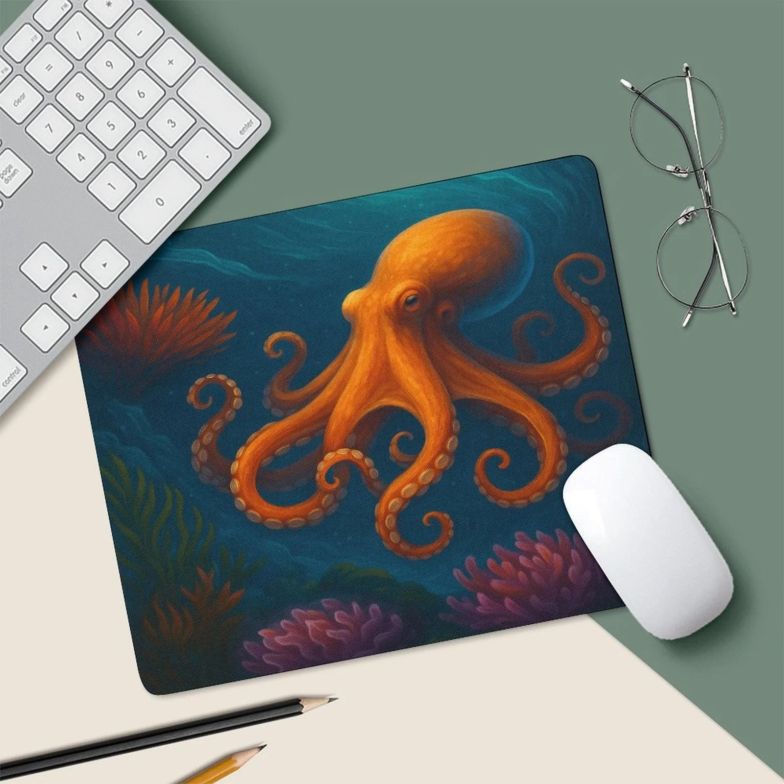 

Anti-slip octopus mouse pad, deep blue and orange tentacle ocean-themed desktop pad, small PC game accessories, high quality