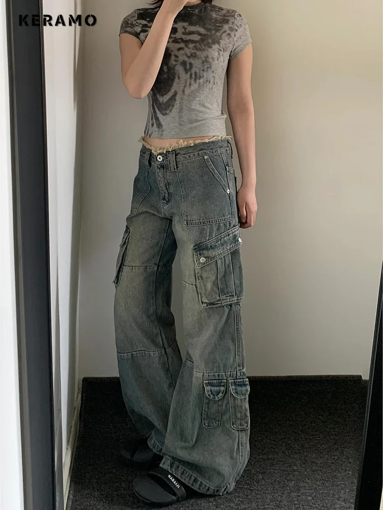 Calças jeans largas casuais retrô feminina, bolsos de Harajuku, jeans solto de cintura alta, verão Y2K 2000s, calças trashy, 2024