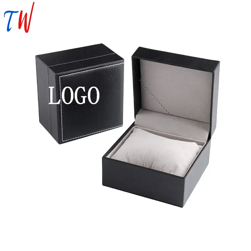 White Stitching Black PU Leather In Grey Large Watch Pillow Watch Storage Case Box Bracelet Jewelry Packaging Box Custom Logo