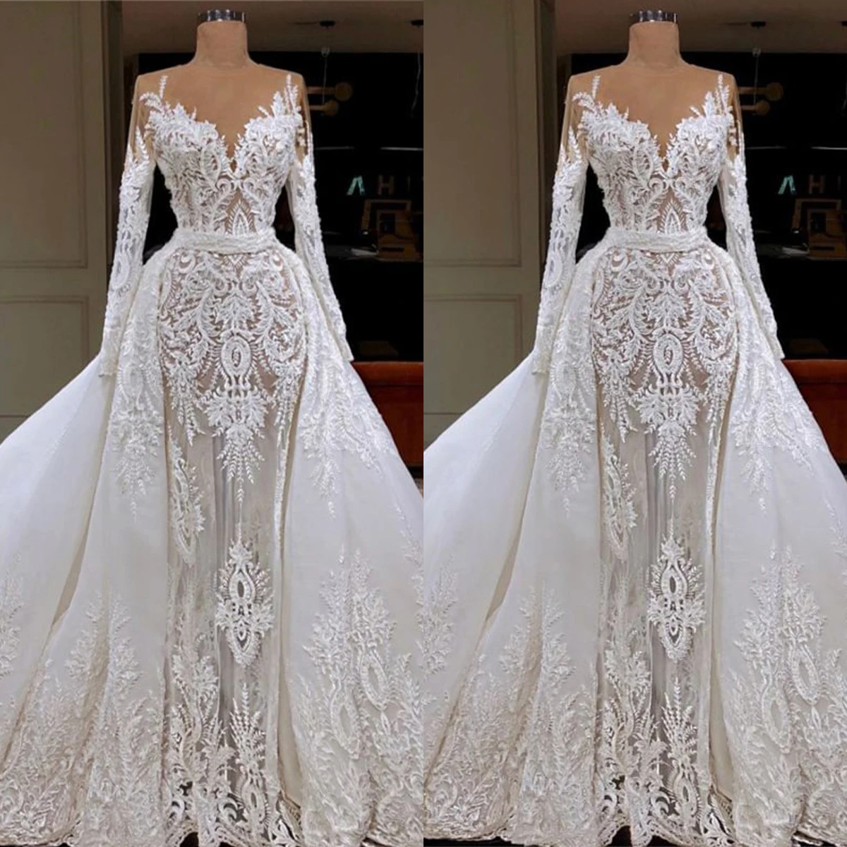 

Elegant Mermaid Wedding Dresses Lace Applique Long Sleeve Scoop Neck Bridal Gown Sweep Train Vestidos De Novia Custom Size