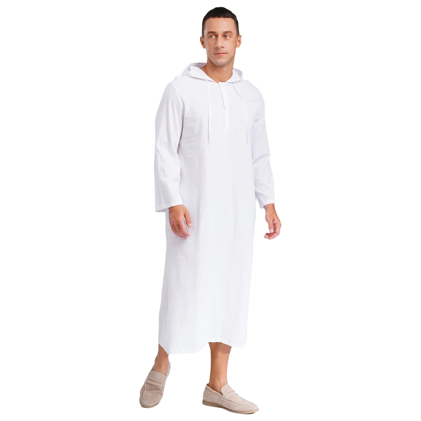 Mens Jubba Thobes 리넨 이슬람 가운 주머니가있는 후드 중동 이슬람 아랍어 모로코 Kaftan Eid기도 긴 가운 드레스