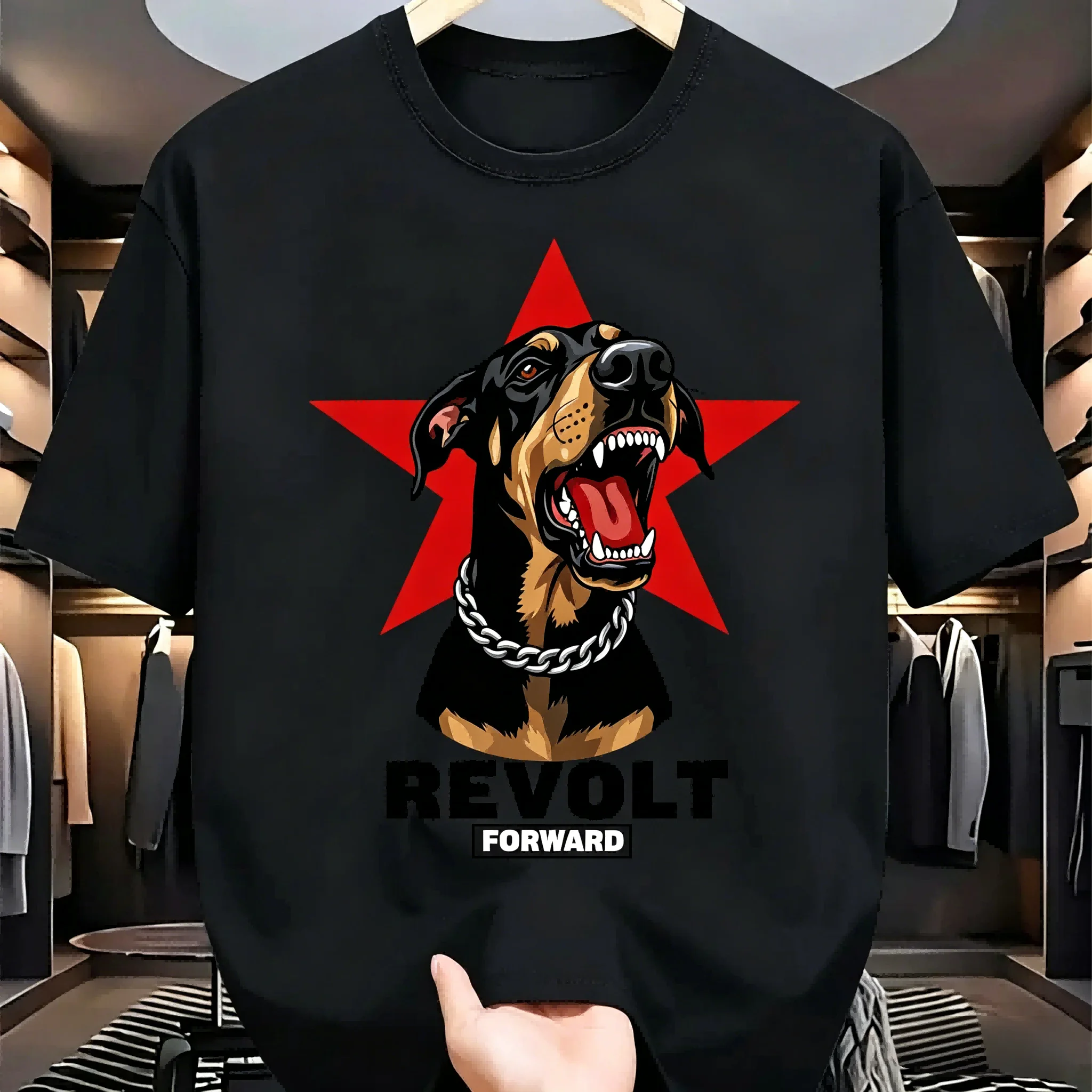 Camiseta Vintage Revolt Forward Doberman Graphic para hombre, 100% algodón, cuello redondo negro, ropa informal estilo streetwear, camisetas retro