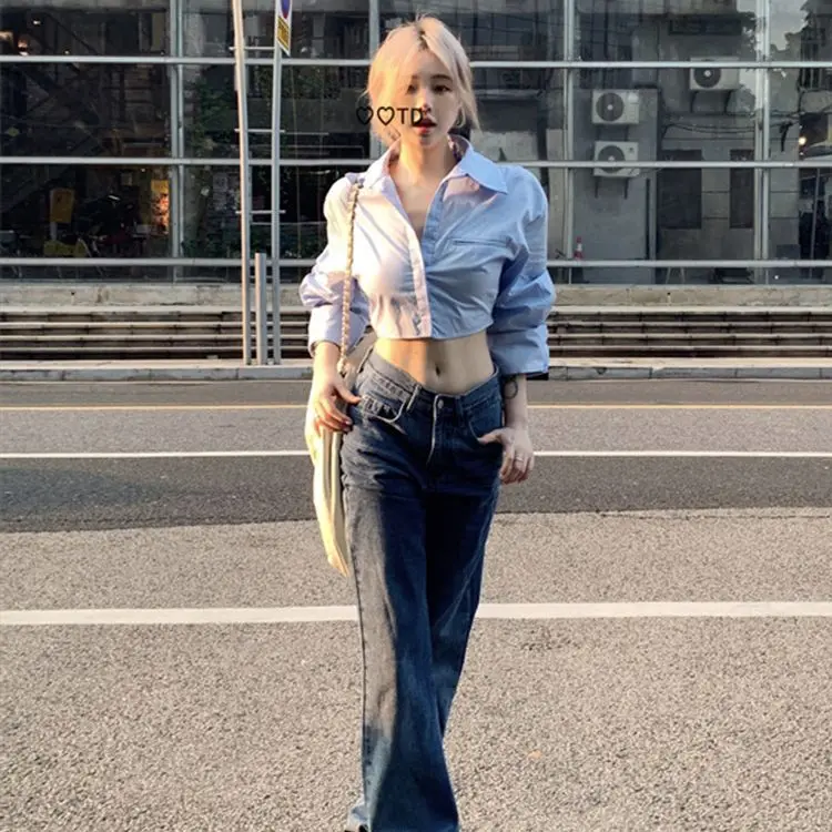 

Сексуальные блузки, женские укороченные топы с открытой спиной и длинными рукавами, лето 2021, новые корейские модные рубашки с отложным воротником, Camisas