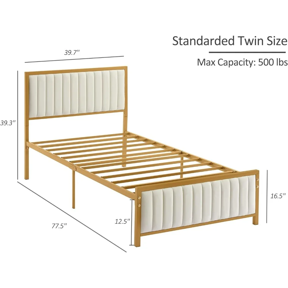 Estrutura de cama de solteiro com cabeceira e estribo estofados, plataforma de ripas de aço resistente, sem necessidade de mola de caixa, dourada