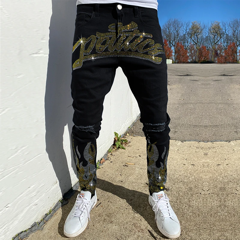 

2023 Y2K New Men's Trend Casual Black Biker Ripped Jeans Comfort Stretch Street Fit Trousers Washed Hot Drill Denim Goth Pants