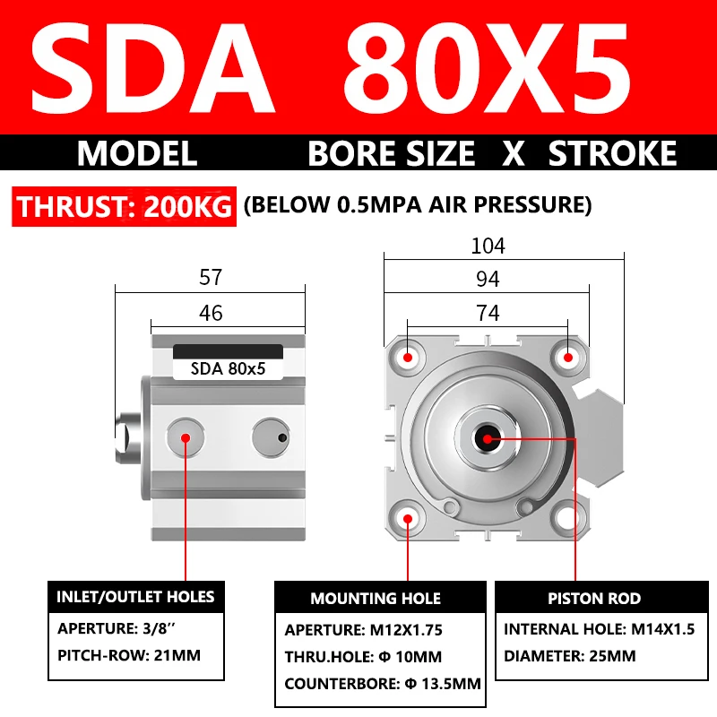 ABILKEEN SDA80X5 SDA Series Thin Air Cylinder 80MM Female Thread Bore X 5MM Stroke Double Acting Pneumatic Compact Cylinder