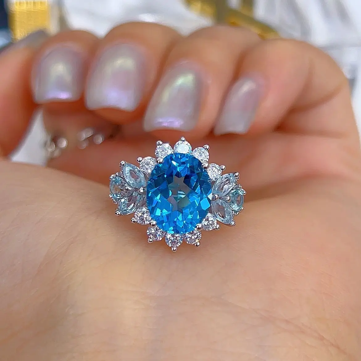 

Best Seller ZECAA Topaz Fine Jewelry Woman Topaz Ring With Natural Blue Topaz Gemstone 9*11mm Topaz Ring Jewelry For Lady