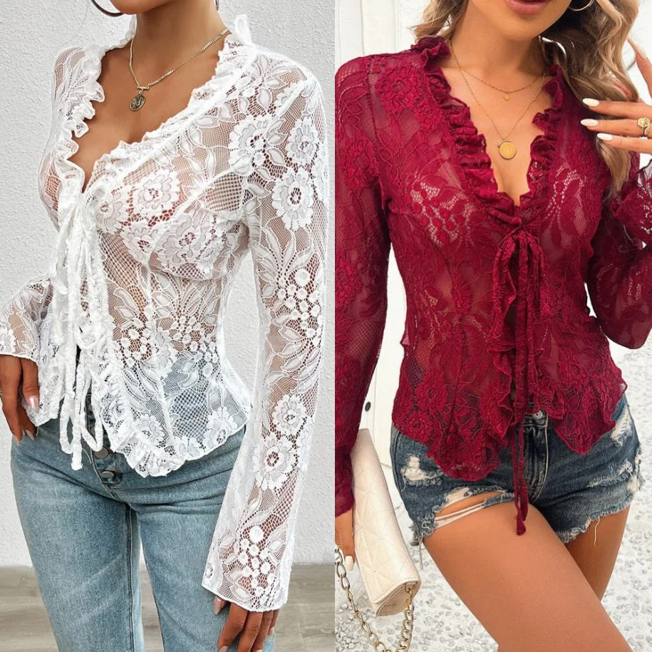 

Sexy Lace Top Women's Faion Street Sle Slim Fit Long Sve V-Ne T-irt Single Piece Chinese Made Summer Collection